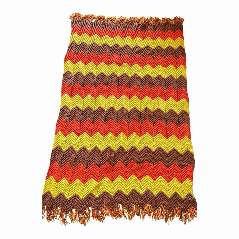 Vintage Handmade 1970’s Crocheted Chevron Zig Zag Afghan Throw Blanket Fringed